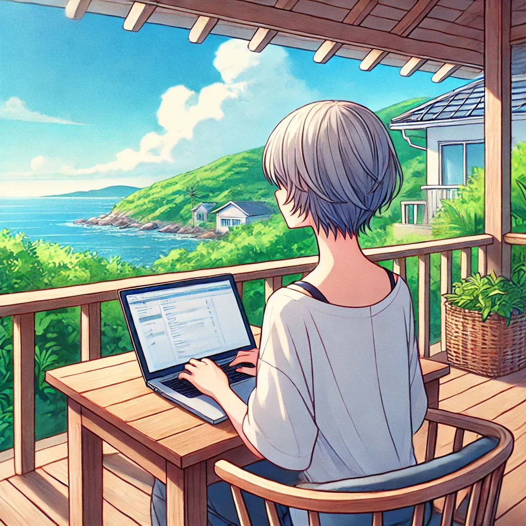 DALL·E 2025-03-14 15.44.43 - A 50-year-old woman with semi-short silver hair, viewed from behind, working on a laptop on a wooden deck terrace of a house on a hill overlooking the